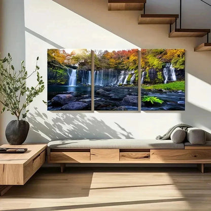 3pcs Vibrant Autumn Waterfall Landscape Wall Art Set Canvas Framed 40x60cm - High Quality Print 100% Australian Made Wall Canvas Ready to Hang - Bella Home Decor