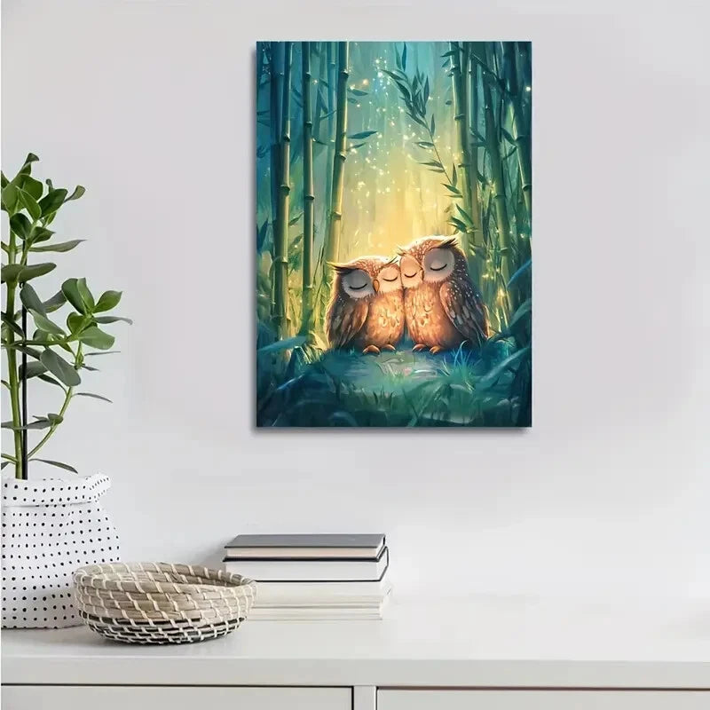 Whimsical Owl Scene with Ethereal Bamboo Glow Painting 40x60cm Metal Print Ready to Hang - Bella Home Decor