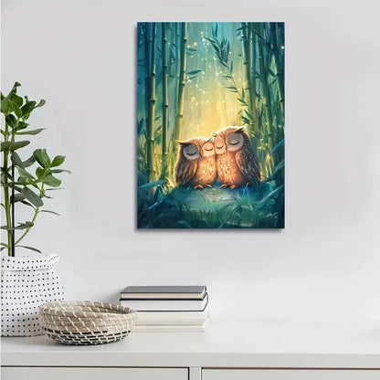 Whimsical Owl Scene with Ethereal Bamboo Glow Painting 40x60cm Metal Print Ready to Hang - Bella Home Decor