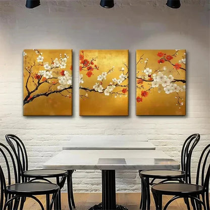3pcs Golden Plum Blossom Branches Floral Perfect Wall Art Canvas Unframed - High Quality Print 100% Australian Made Wall Canvas - Bella Home Decor
