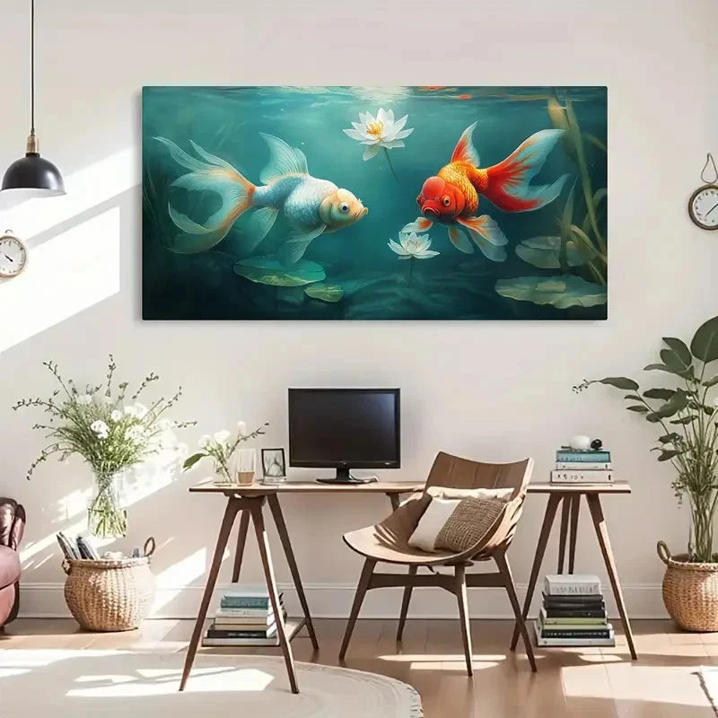 Goldfish Lotus Flower Under Wall Art Canvas Office Home Room Framed 120x60cm