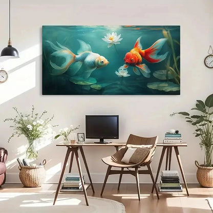 Goldfish Lotus Flower Under Wall Art Canvas Office Home Room Framed 120x60cm