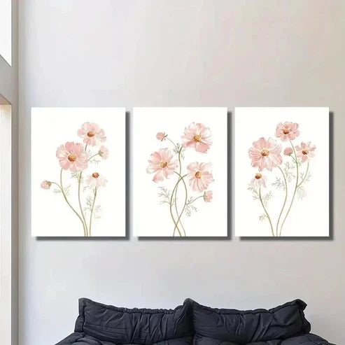 3pcs Painting of Soft Pink Wildflowers Wall Art Set Canvas Unframed - High Quality Print 100% Australian Made Wall Canvas