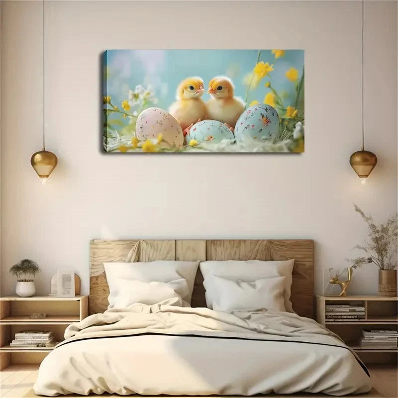 Two Fluffy Yellow Chicks Wall Art Canvas Office Home Room Framed 120x60cm. - Bella Home Decor