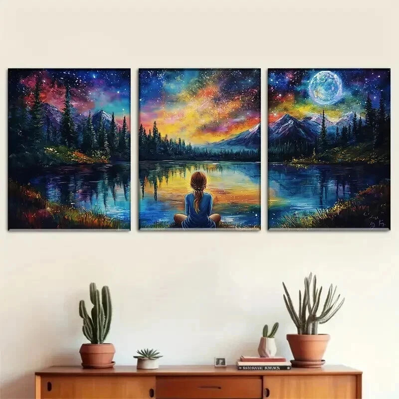 3pcs Starry Night Landscape Mountain Perfect Wall Art Set Canvas Framed 60x90cm - High Quality Print 100% Australian Made Wall Canvas Ready to Hang - Bella Home Decor