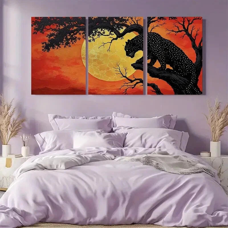 3pcs Bold Sunset Black Leopard and Silhouetted Metal Print Ready to Hang Art - Bella Home Decor