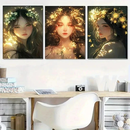 3pcs Glowing Floral Crown Girl Portrait Perfect Wall Art Set Canvas Framed 60x90cm - High Quality Print 100% Australian Made Wall Canvas Ready to Hang - Bella Home Decor