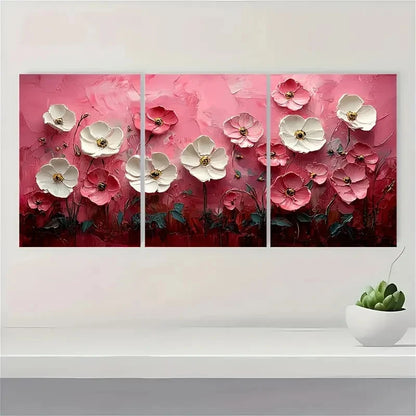 3pcs Pink Abstract White Flower Original Art SF    Wall Art Set Canvas Framed 50x70cm - High Quality Print 100% Australian Made Wall Canvas Ready to Hang