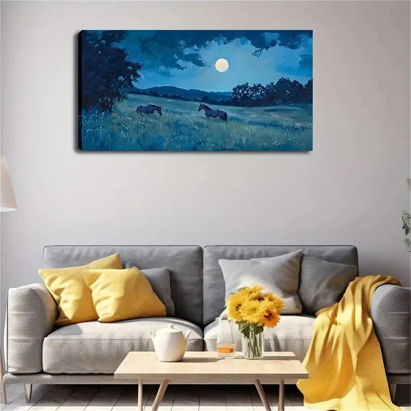 Two Horses in Blue Sky Meadow Wall Art Canvas Office Home Room Framed 120x60cm - Bella Home Decor