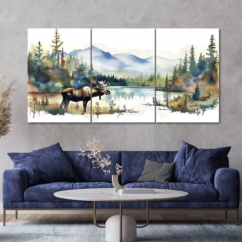 Water Color Moose Lake 3 Piece Canvas Framed 40x60cm - High Quality Print 100% Australian Made Wall Canvas Ready to Hang - Bella Home Decor