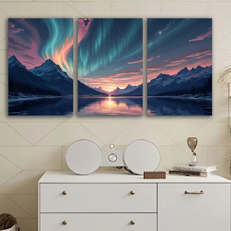 3pcs Vibrant Aurora over Snowy Mountain Lake Wall Art Set Canvas Framed 60x90cm – High Quality Print 100% Australian Made Wall Canvas Ready to Hang