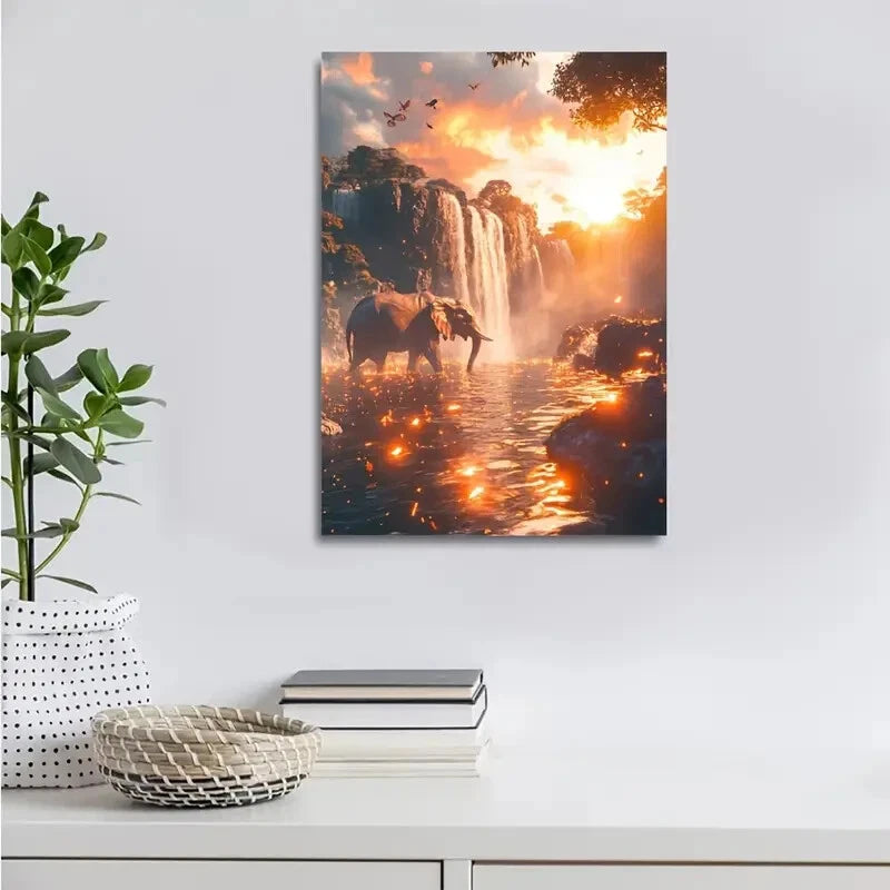 Realistic Scene of Elephant Dancing Under Painting 40x60cm Metal Print Ready to Hang - Bella Home Decor