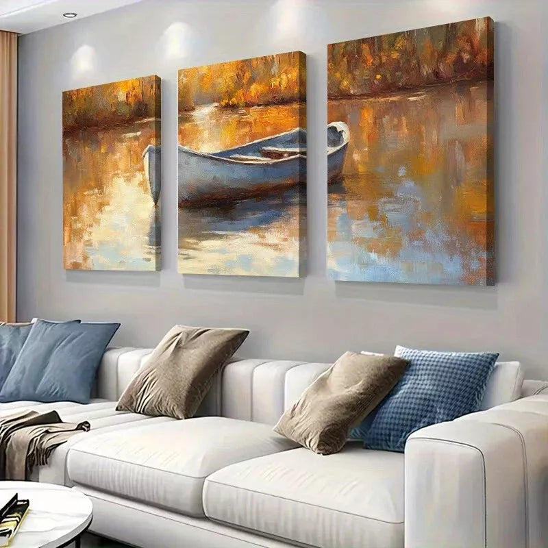 3pcs Modern Serene Lake Rustic Autumn Boat Wall Art Set Canvas Framed 50x70cm - High Quality Print 100% Australian Made Wall Canvas Ready to Hang