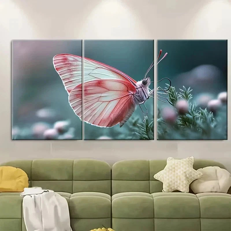 3pcs Pink White Butterfly Delicate Grassy Plant Wall Art Set Canvas Framed 40x60cm - High Quality Print 100% Australian Made Wall Canvas Ready to Hang