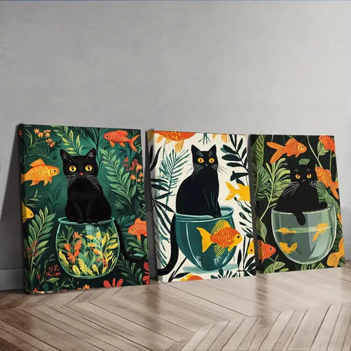 3pcs Black Cats Colorful Orange Fish Perfect Wall Art Set Canvas Unframed - High Quality Print 100% Australian Made Wall Canvas - Bella Home Decor