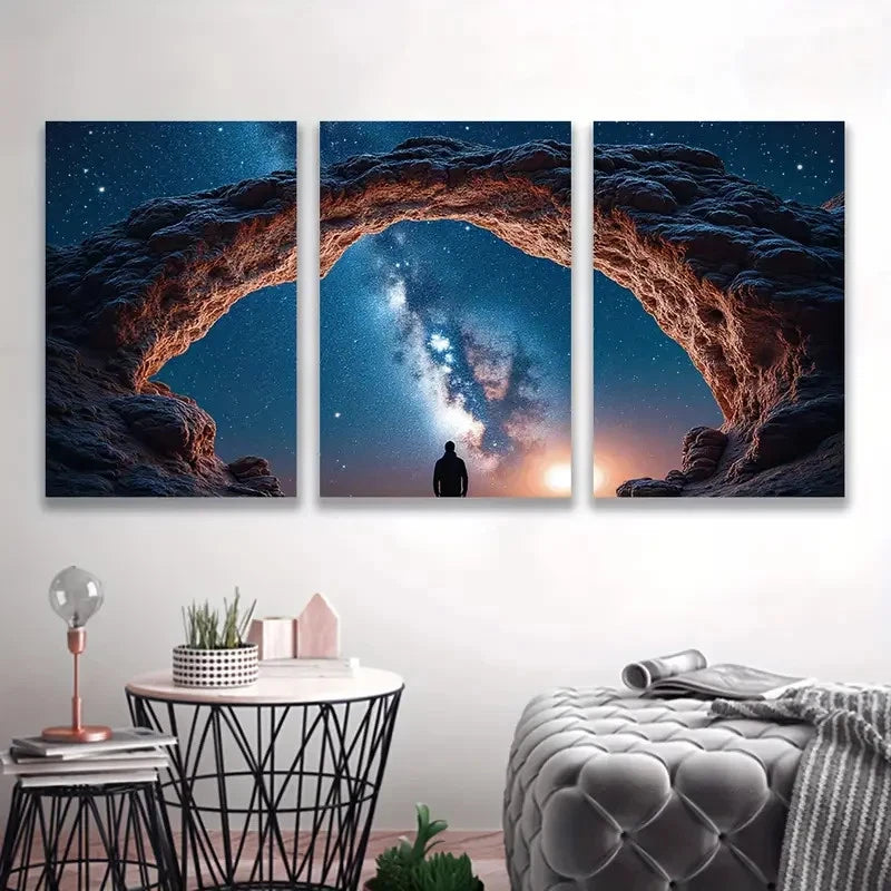 3pcs Starry Sky, Galaxy & Silhouette Figure T    Wall Art Set Canvas Framed 50x70cm - High Quality Print 100% Australian Made Wall Canvas Ready to Hang