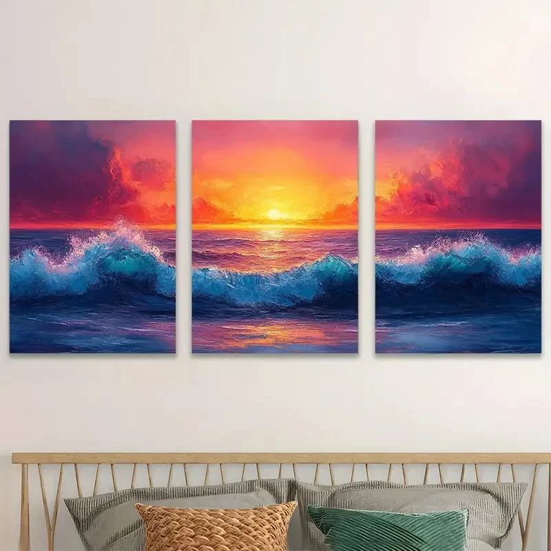3pcs Vibrant Sunset Over Crashing Ocean Waves Wall Art Set Canvas Framed 50x70cm - High Quality Print 100% Australian Made Wall Canvas Ready to Hang - Bella Home Decor