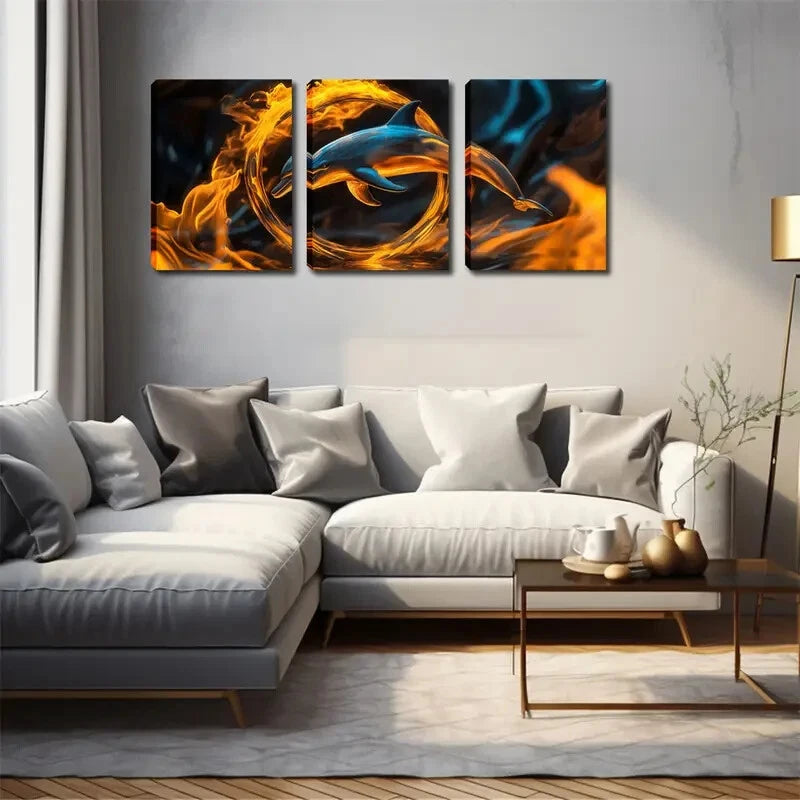 3pcs Abstract Dolphin And Fire Leaping Perfect Wall Art Set Canvas Framed 40x60cm - High Quality Print 100% Australian Made Wall Canvas Ready to Hang - Bella Home Decor