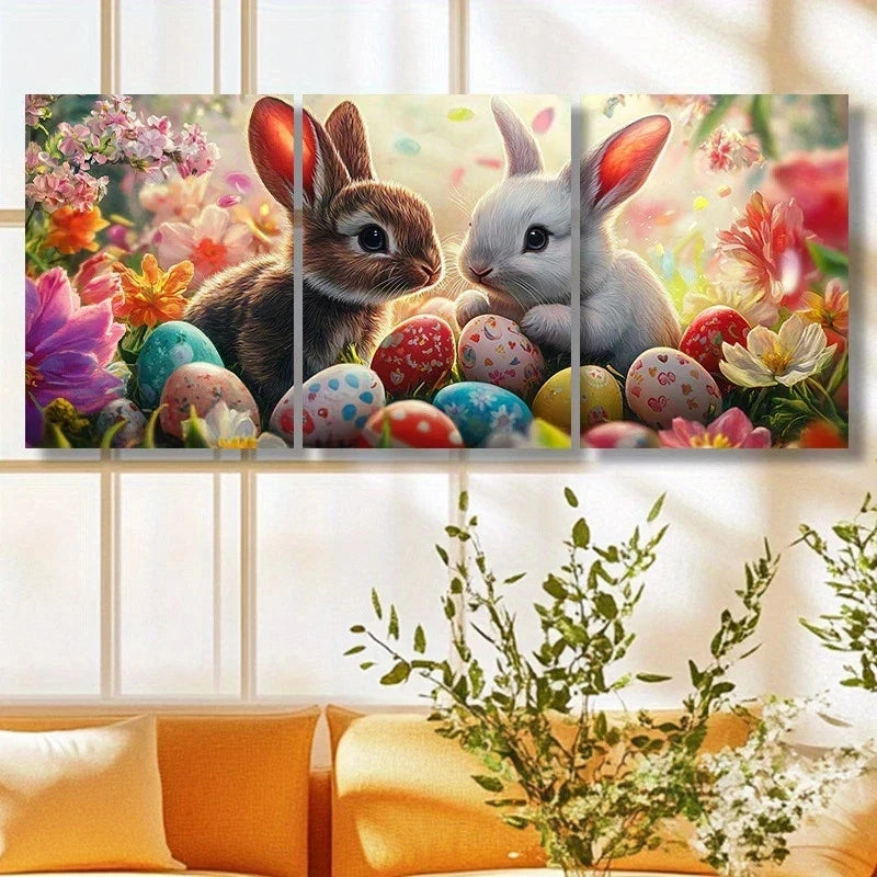 3pcs Colourful Rabbits Eggs Painting Metal Print Ready to Hang Art - Bella Home Decor