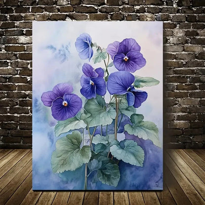 Vibrant Blue & Purple Violets Floral Design,Painting  40x60cm Metal Print Ready to Hang - Bella Home Decor