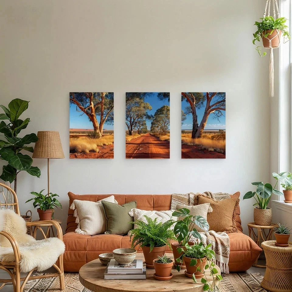 3pcs Australian Outback Red Dirt Track Wall Art Set Canvas Framed 50x70cm - High Quality Print 100% Australian Made Wall Canvas Ready to Hang