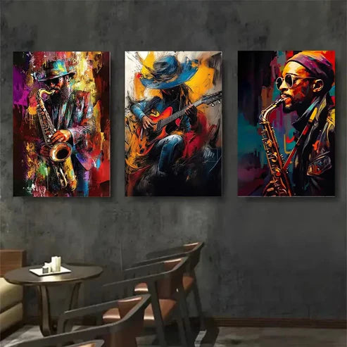 3pcs Vibrant Abstract Saxophone & Guitar Perfect Wall Art Canvas Unframed - High Quality Print 100% Australian Made Wall Canvas