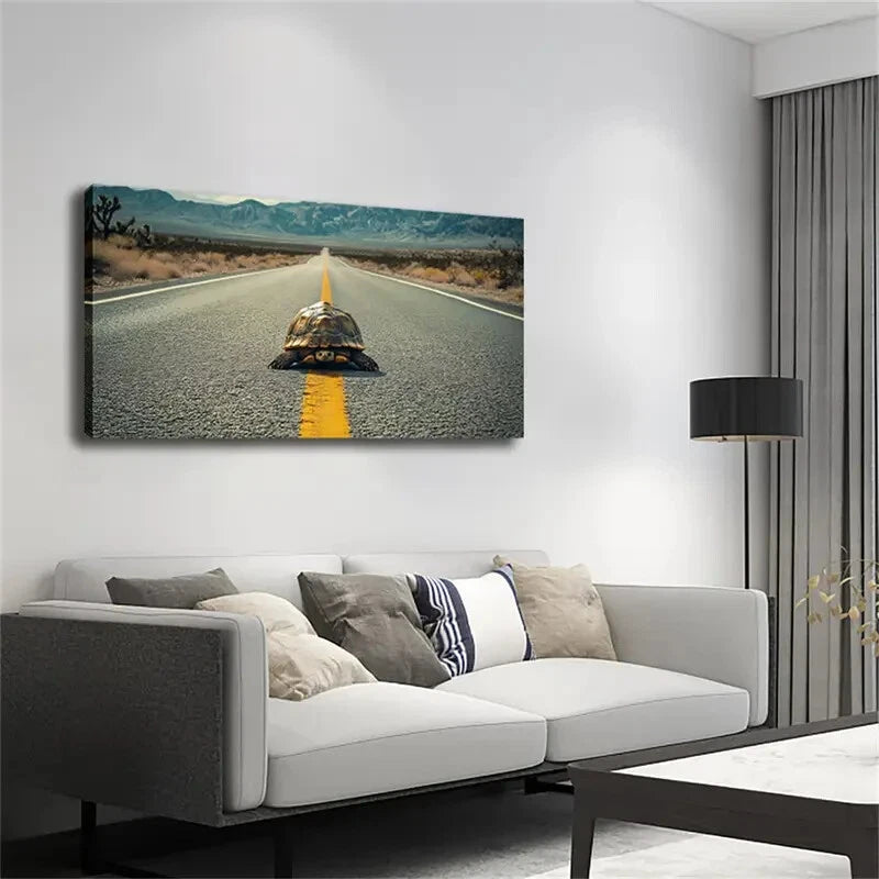 Turtle on Road with Yellow Line Wall Art Canvas Office Home Room Framed 120x60cm - Bella Home Decor