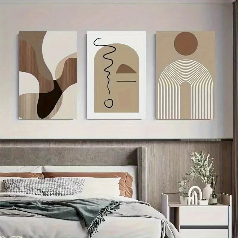 3pcs Abstract Beige Geometric Earth Tones Metal Print Ready to Hang Art - Bella Home Decor