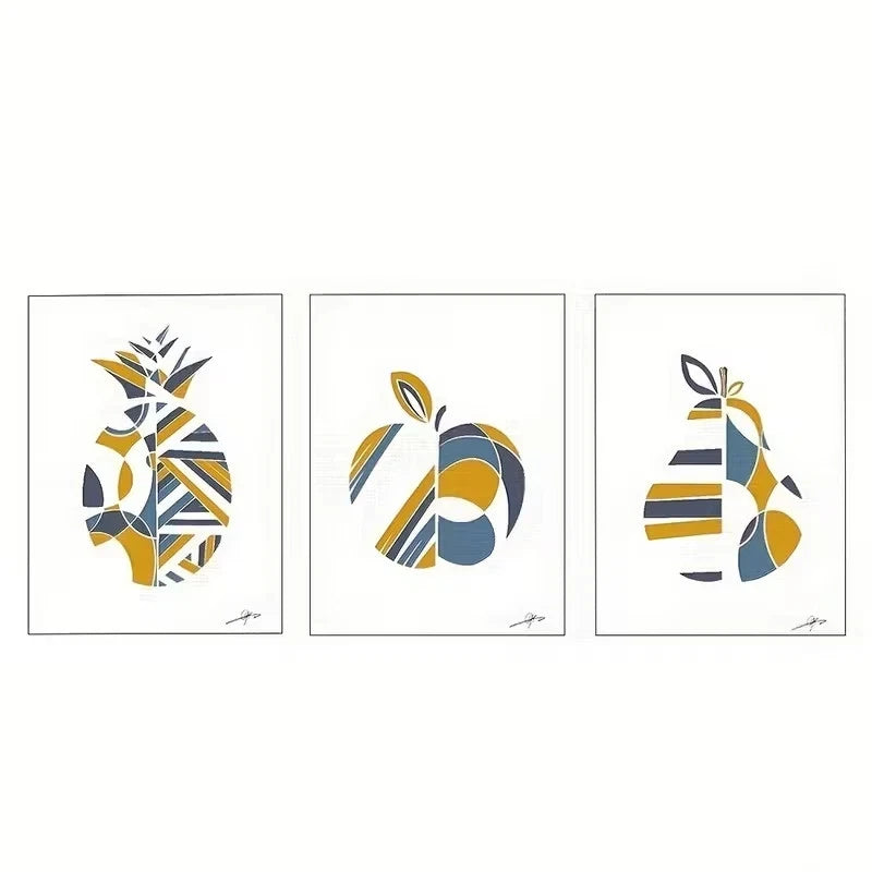 3pcs Mustard Yellow and Blue Geometric Fruit  Wall Art Set Canvas Framed 50x70cm - High Quality Print 100% Australian Made Wall Canvas Ready to Hang
