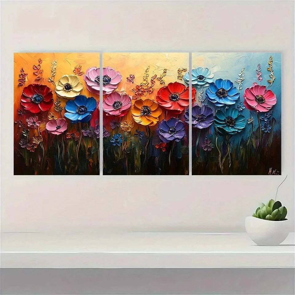3pcs Abstract Colorful Flower Oil Painting Metal Print Ready to Hang Art - Bella Home Decor
