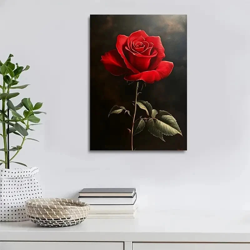 Vibrant Red Rose Painting 40x60cm Metal Print Ready to Hang - Bella Home Decor