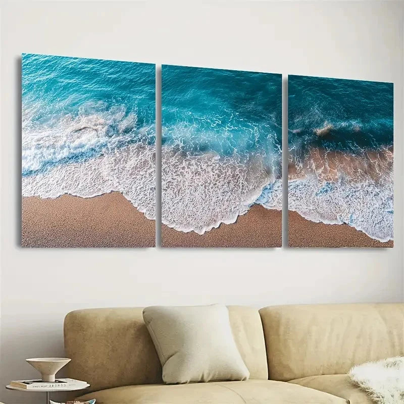 3pcs Blue Beach and Ocean Waves Wall Art Set Canvas Framed 60x90cm - High Quality Print 100% Australian Made Wall Canvas Ready to Hang - Bella Home Decor