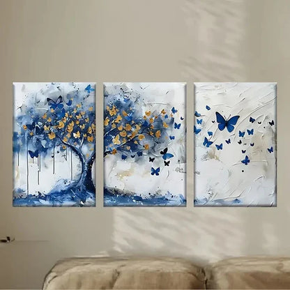 3pcs Vibrant Blue & Golden Butterfly Tree  Wall Art Set Canvas Unframed - High Quality Print 100% Australian Made Wall Canvas - Bella Home Decor