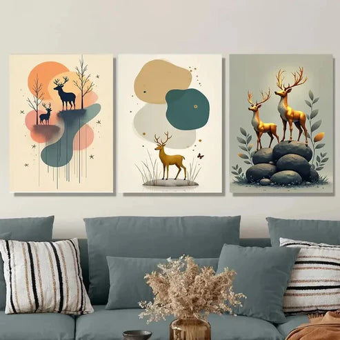 3pcs Deer Themed Abstract Forest Golden Wall Art Set Wall Art Canvas Unframed – High Quality Print 100% Australian Made Wall Canvas