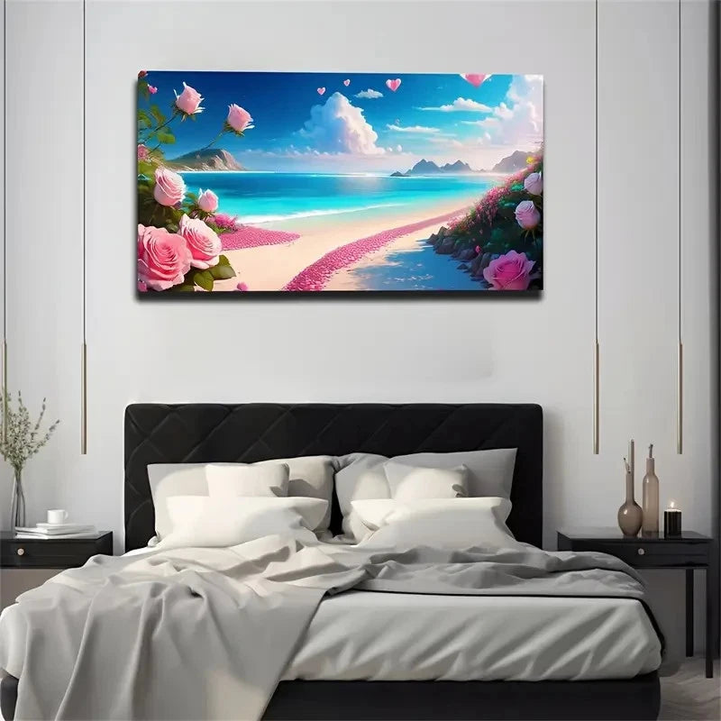 Vibrant Seaside Roses Ocean Wall Art Canvas Office Home Room Framed 120x60cm