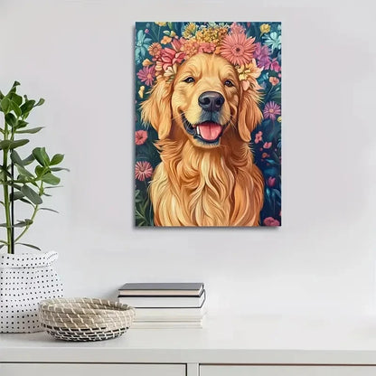 Flowers And Plants Cute Golden Retriever Painting 40x60cm Metal Print Ready to Hang