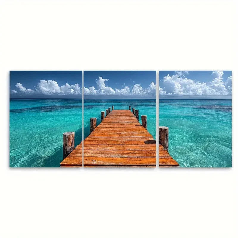 3pcs Wooden Pier Exotic Turquoise Seascape I Wall Art Set Canvas Framed 50x70cm - High Quality Print 100% Australian Made Wall Canvas Ready to Hang - Bella Home Decor