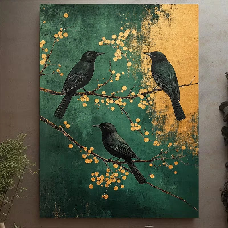 Blackbirds on Branches with Golden Berries Metal Print Ready to Hang