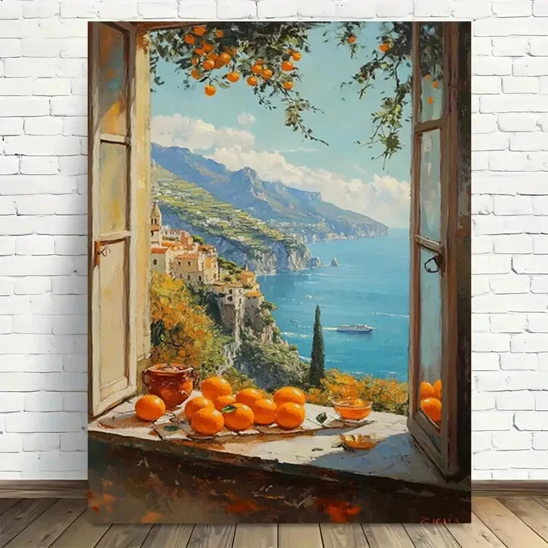 Beautiful Seaside Orange Grove Window Painting 40x60cm Metal Print Ready to Hang - Bella Home Decor