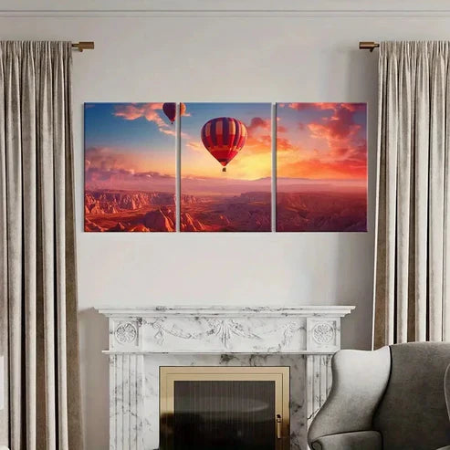 3pcs Hot Air Balloon Landscape, Sunset Glow, Sky Wall Art Set Canvas Unframed - High Quality Print 100% Australian Made Wall Canvas