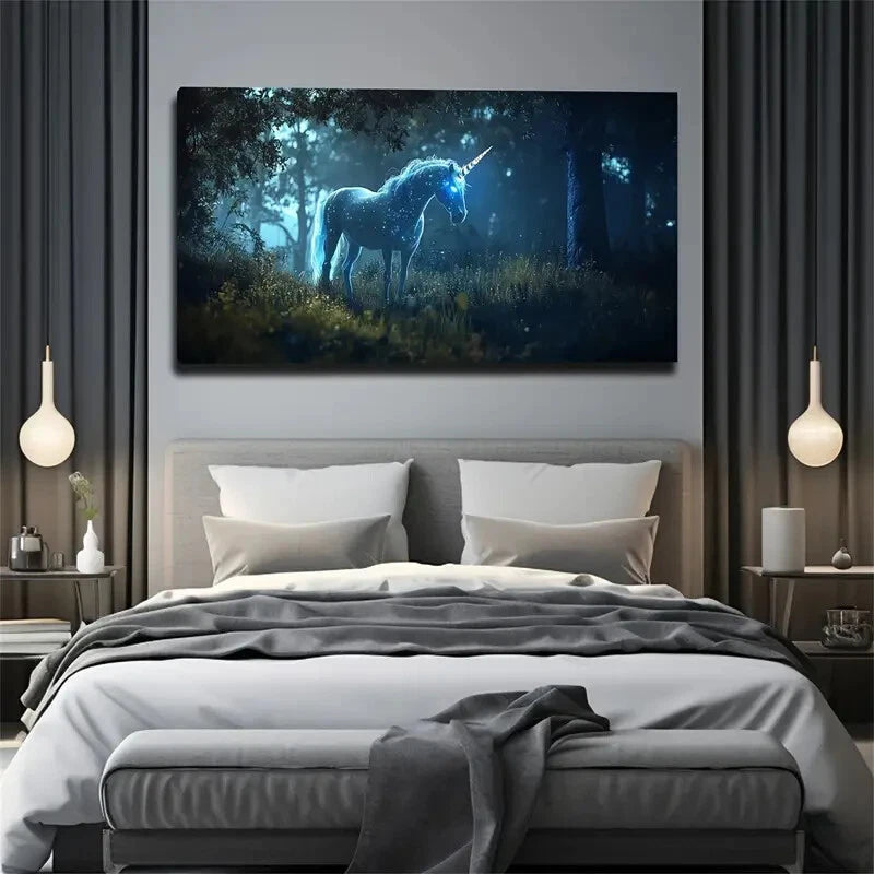 Blue Glowing Unicorn in Forest Wall Art Canvas Office Home Room Framed 120x60cm - Bella Home Decor