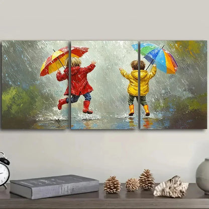 3pcs Happy Children Dancing In The Rain Art Wall Art Set Canvas Framed 50x70cm - High Quality Print 100% Australian Made Wall Canvas Ready to Hang