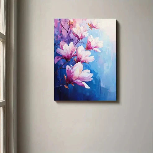 Beautiful Vibrant Pink Flowers & Blue Abstract 60x90cm Metal Print Ready to Hang