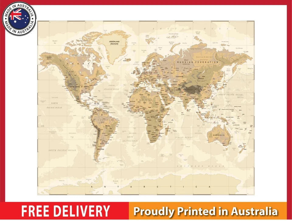 Vintage Physical World Map with details 91x61cm poster AU