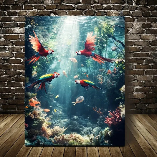 Fantasy Underwater Parrots & Coral Reef Painting 40x60cm Metal Print Ready to Hang - Bella Home Decor