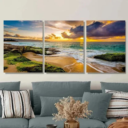 3pcs Vibrant Ocean & Rocks Landscape Sunset Wall Art Set Canvas Unframed - High Quality Print 100% Australian Made Wall Canvas