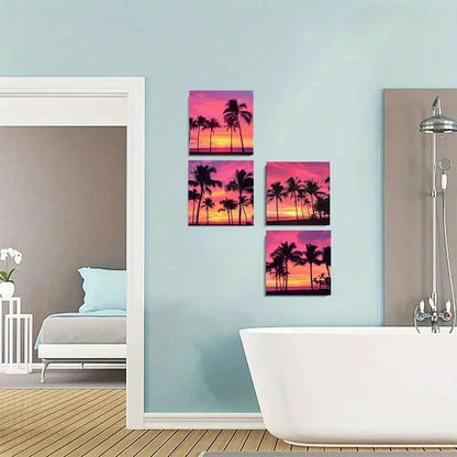 4pcsSummer Sunset with Palm TreesWall Art Canvas Framed