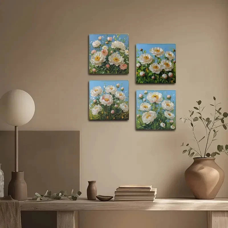 4pcs White Flower Bouquet Wall Art Canvas Framed - Bella Home Decor