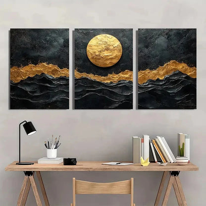 3pcs Abstract Texture Black & Golden Wave Metal Print Ready to Hang Art