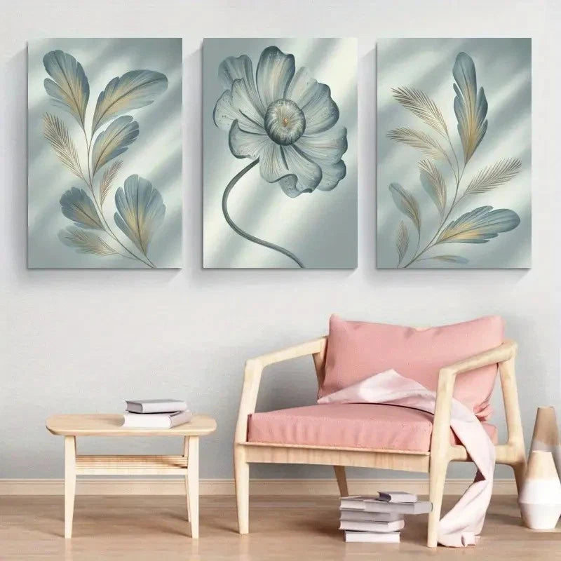 3pcs Artwork Feather Flower Painting Metal Print Ready to Hang Art - Bella Home Decor